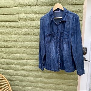 Distressed Dark Blue Chambray Button Down